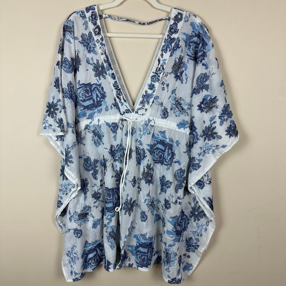 Maeve Anthropologie Blue Floral Kaftan Top One Size Boho Beach Cover Up Resort - Picture 6 of 10